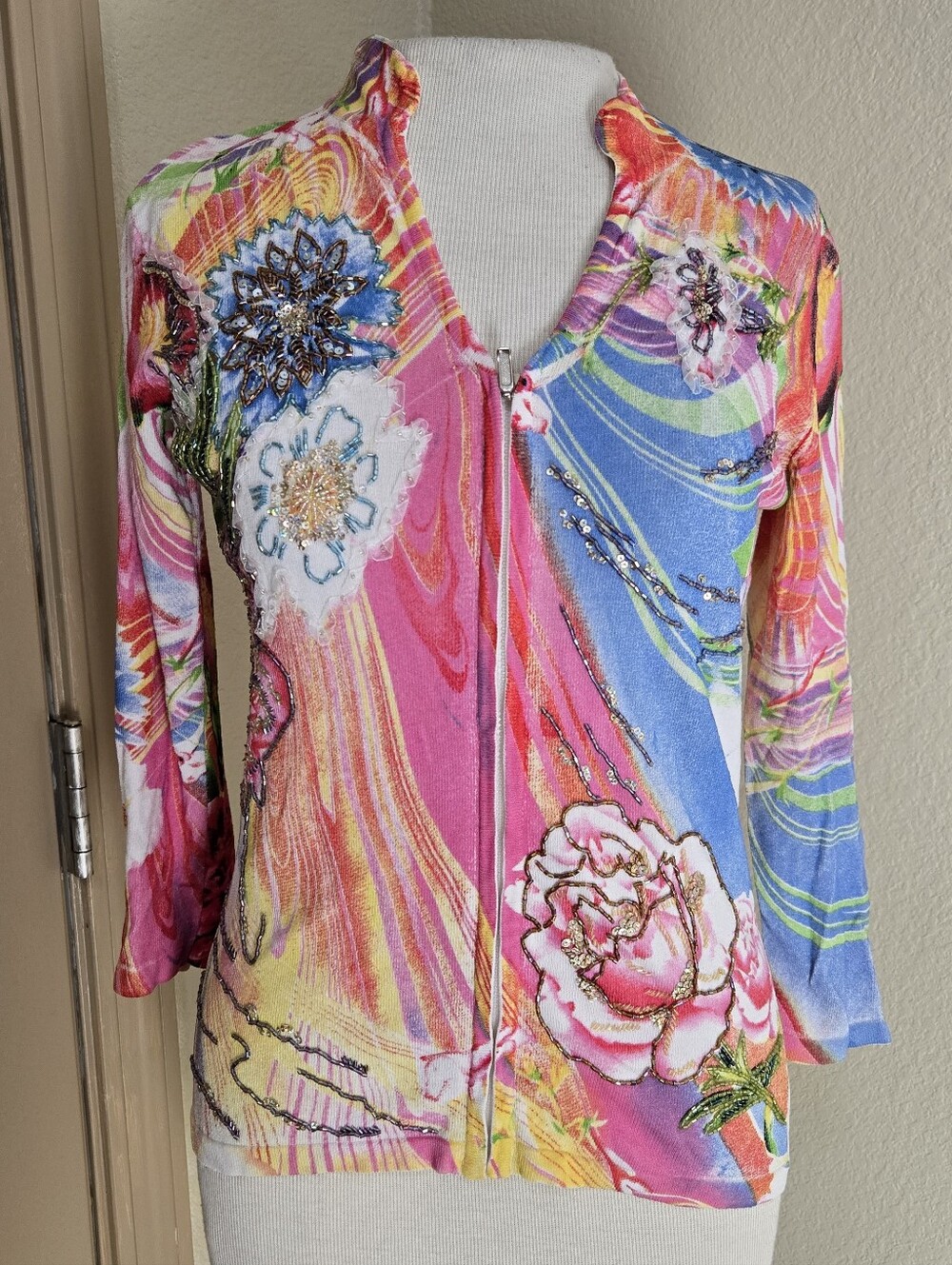 Alberto Makali Zip Up Beaded Floral Top M Maximalism